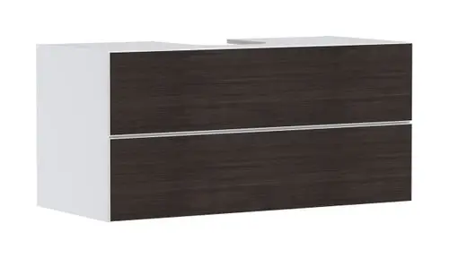 Weißer Waschtischunterschrank mit zwei Schubkästen und braunen Holzoptik-Fronten. Ideal für die Kombination mit Hansgrohe Aufsatzwaschtisch.